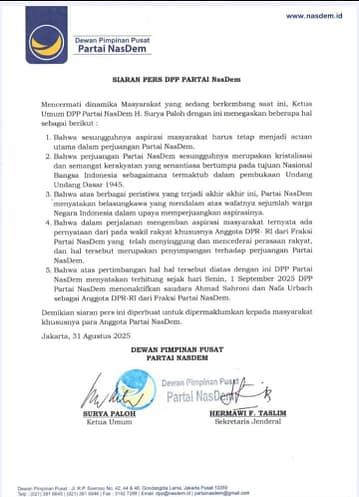 Surat NasDem Nonaktifkan Ahmad Sahroni dan Nava urbach