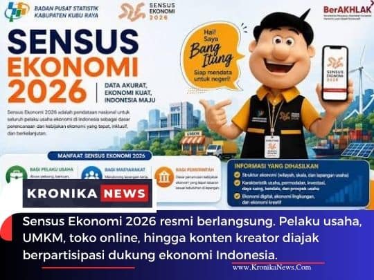 Sensus Ekonomi 2026 resmi berlangsung pada 15 Juni–31 Agustus 2026. Pelaku usaha, UMKM, toko online, hingga konten kreator diajak berpartisipasi untuk mendukung pembangunan ekonomi Indonesia. | KronikaNews.Com